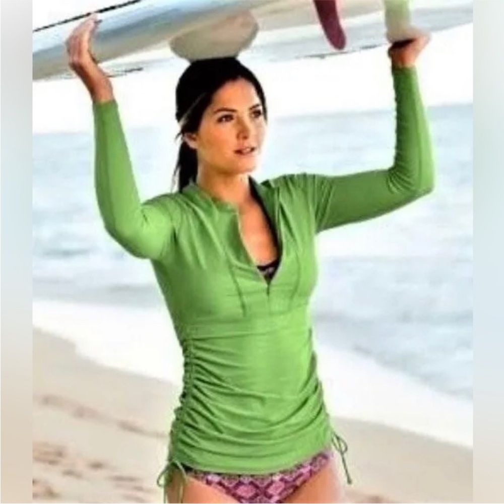 ATHLETA Ruched Half Zip Rash Guard Shirt Dress Lime Green XS